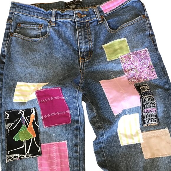 Boho Patch Jeans, 10P: Upcycled Hippie Pants, Paris Theme, Decorative Stitching - Picture 4 of 10